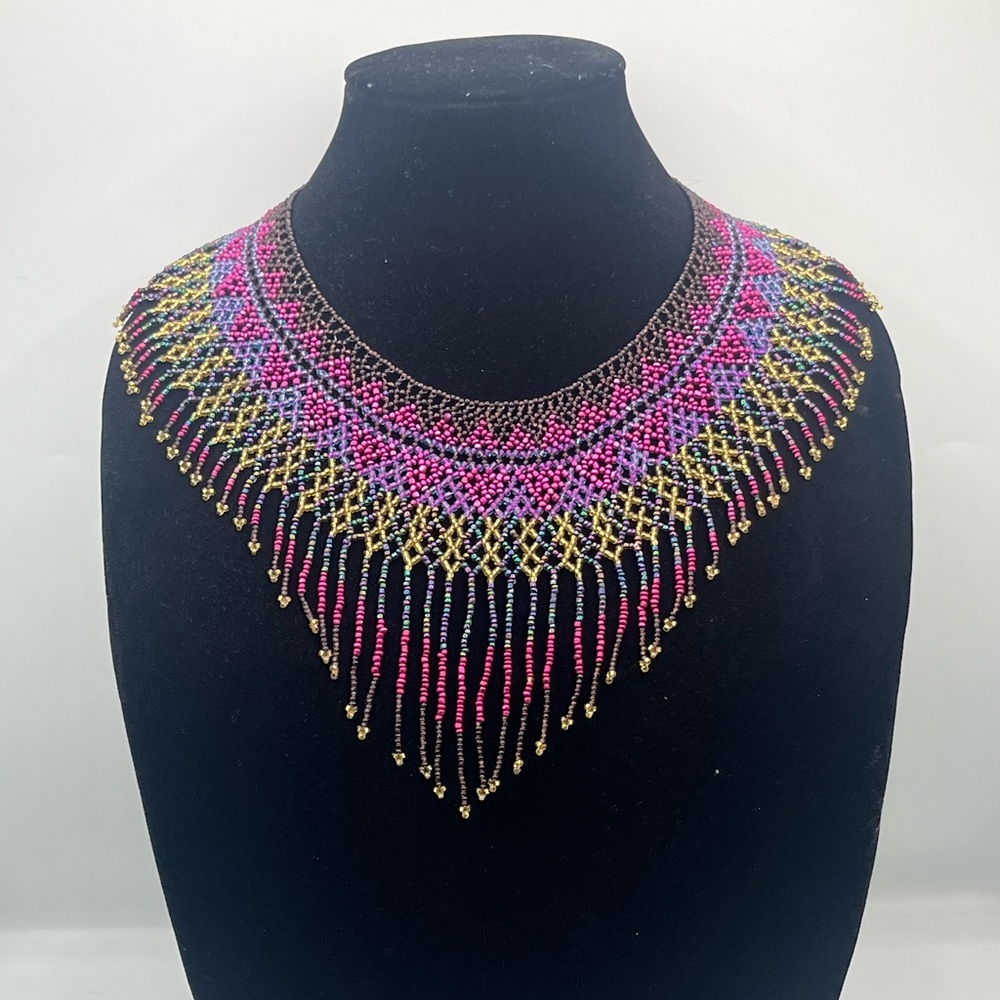 Fusia Purple Gold Color Glass Beaded Knot Clasp Choker Bib Collar Necklace